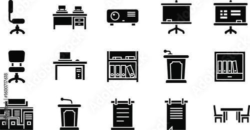 Vector art of a black and illustration depicts office and school furniture and equipment for presentations and learning