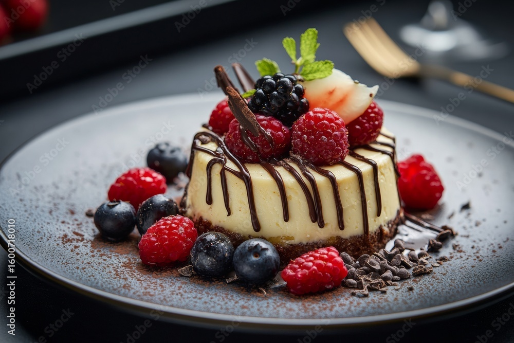 Delight in a beautifully plated dessert featuring chocolate drizzle and an assortment of fresh berries, set against a dark minimalist restaurant background, perfect for an elegant dining occasion Delight in a beautifully plated dessert featuring chocolate drizzle and an assortment of fresh berries, set against a dark minimalist restaurant background, perfect for an elegant dining occasion