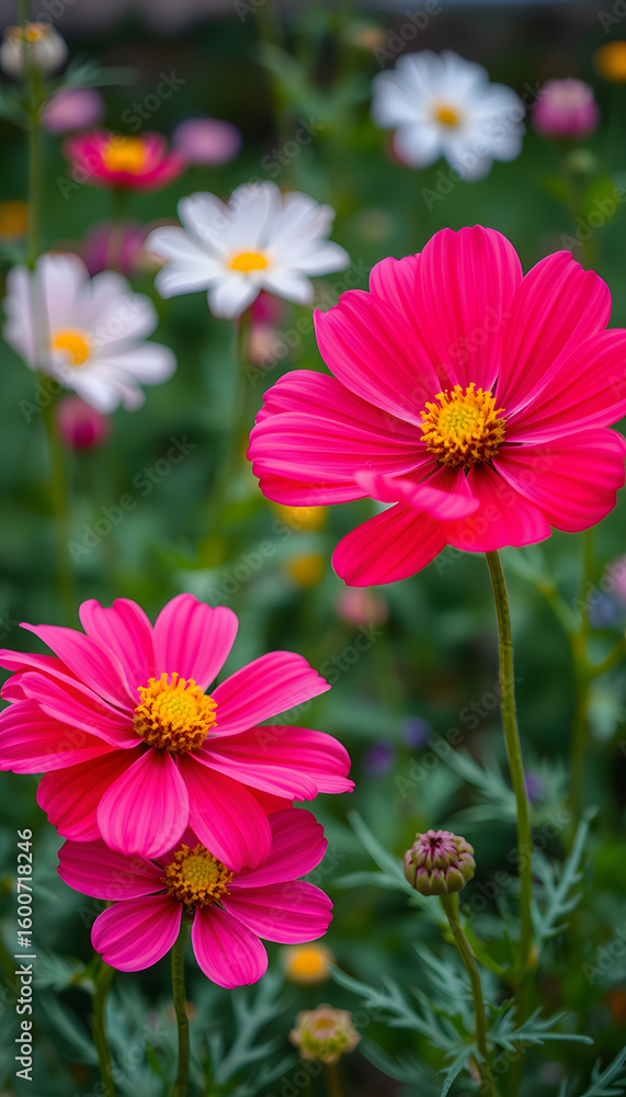 Obraz premium Nature of cosmos flower in garden using as cover page background natural flora wallpaper or template brochure landing page design, enhance. White tone