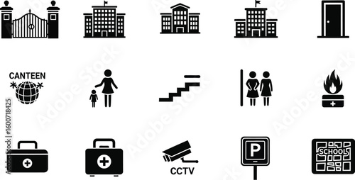 Vector art of a collection of black silhouette icons representing school facilities safety measures and accessibility