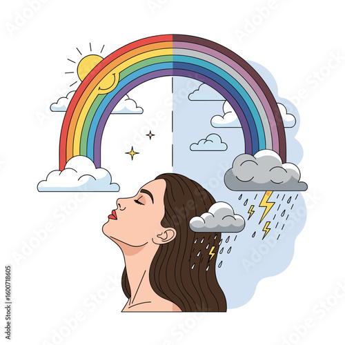 Person experiencing emotional spectrum from happiness to sadness with rainbow and storm
