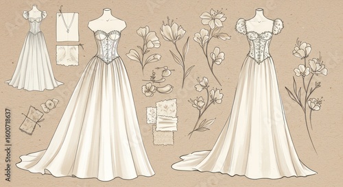 Wedding dress sketches display two gown designs flowers  fabric swatches on a textured tan backdrop