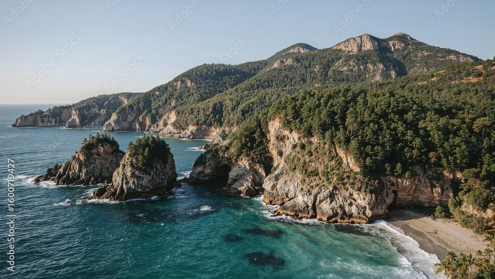 Fototapeta premium Shoreline with trees and rocky mountain backdrop