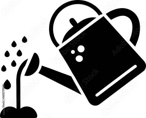 Watering Can Icon with Droplet Spray Black and White