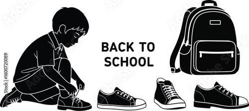 Vector art of a young boy is kneeling down and tying his shoelaces next to a backpack and various shoes