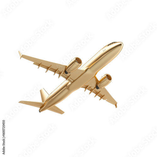Golden airplane in flight against black background