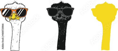 Three stylized ostrich heads wearing sunglasses are presented in a row, showcasing a fun and quirky design suitable for various creative projects and humorous illustrations.