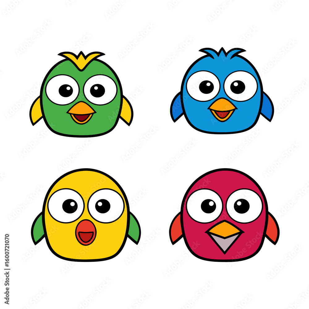 Fototapeta premium Four cute cartoon birds in different colors isolated on transparent background