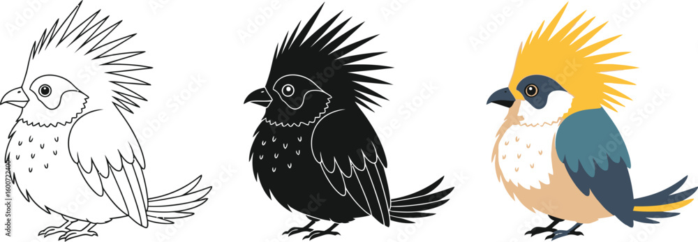 Fototapeta premium Three stylized crested birds are showcased in a row, featuring a line art version, a solid black silhouette, and a fully colored illustration with yellow crest and blue accents.