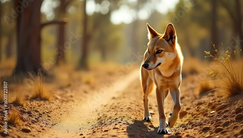 Australian dingo walking through dry bushland