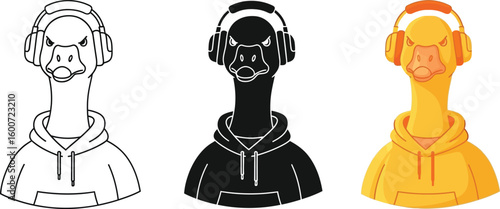 Three stylized goose characters are showcased, each wearing headphones and a hoodie, presented in line art, silhouette, and vibrant color variations for creative projects.