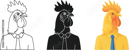 Three stylized rooster illustrations showcase a unique anthropomorphic design, featuring a bird head with a shirt and tie, presented in line art, silhouette, and full color versions.
