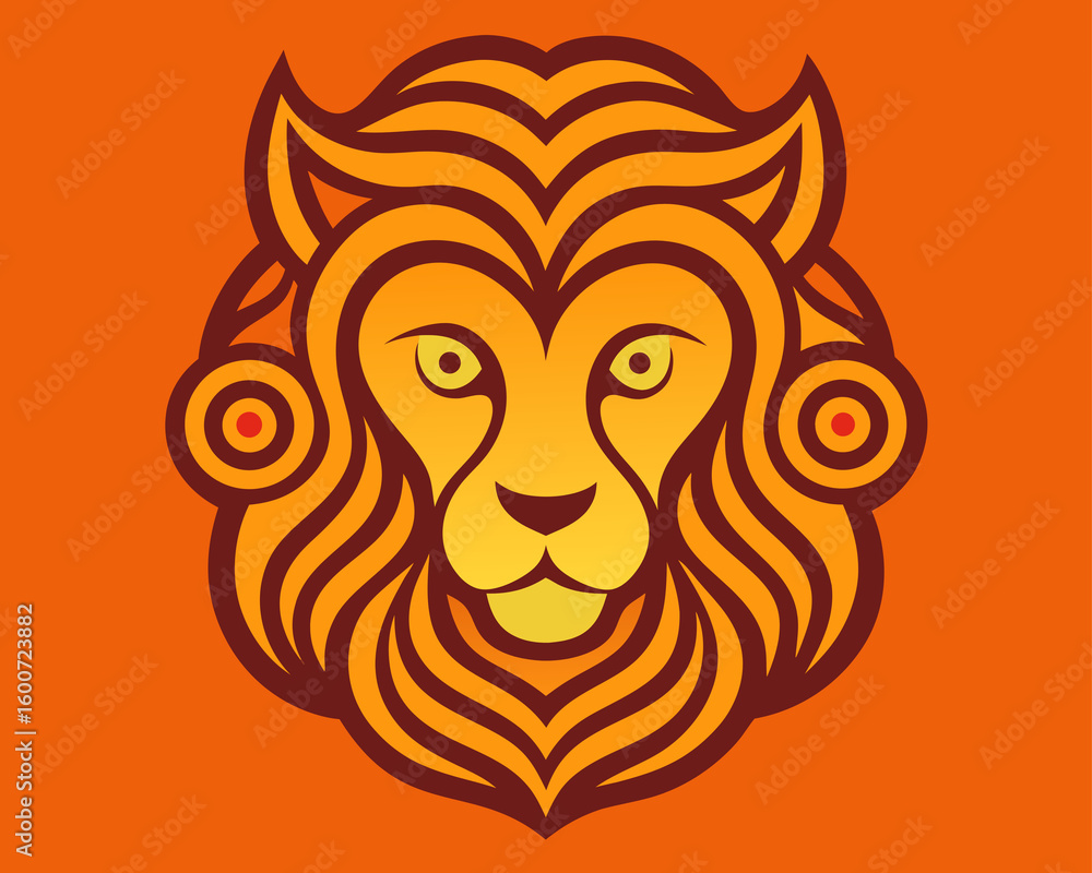 Obraz premium A stylized lion head with a golden mane is displayed on an orange background