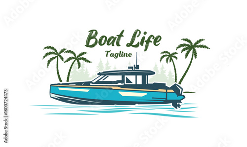 Speed boat covering with beautiful trees. 