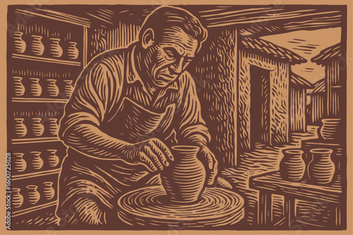 A skilled potter shapes a clay vase on a wheel in a rustic workshop. Vintage woodcut vector illustration about handmade craft and tradition.