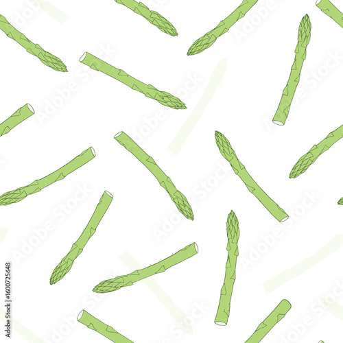 Fresh green asparagus spears scattered on a clean white background pattern