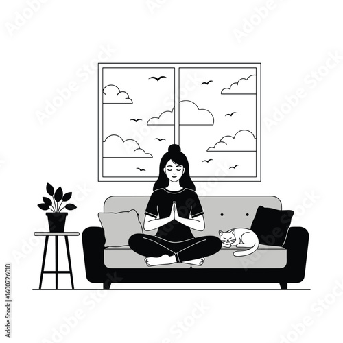 Woman meditating on sofa with cat watching through window with birds and clouds