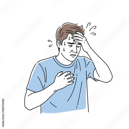 Man feeling unwell with hand on forehead and chest experiencing discomfort and sweating profusely