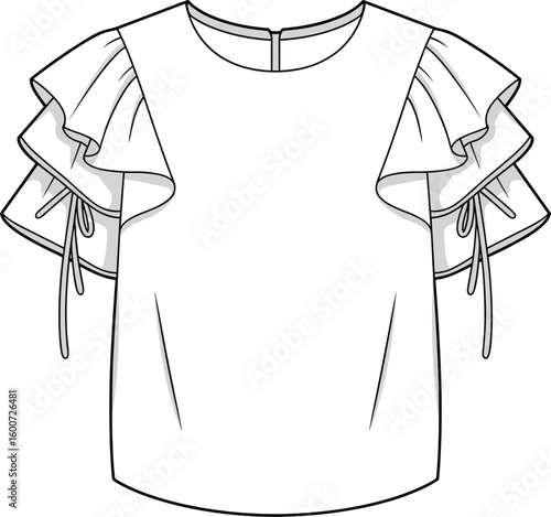 Women's blouse CAD drawing, layered ruffle sleeve vector, stylish top illustration, fashion sketch, apparel design, flat technical garment artwork