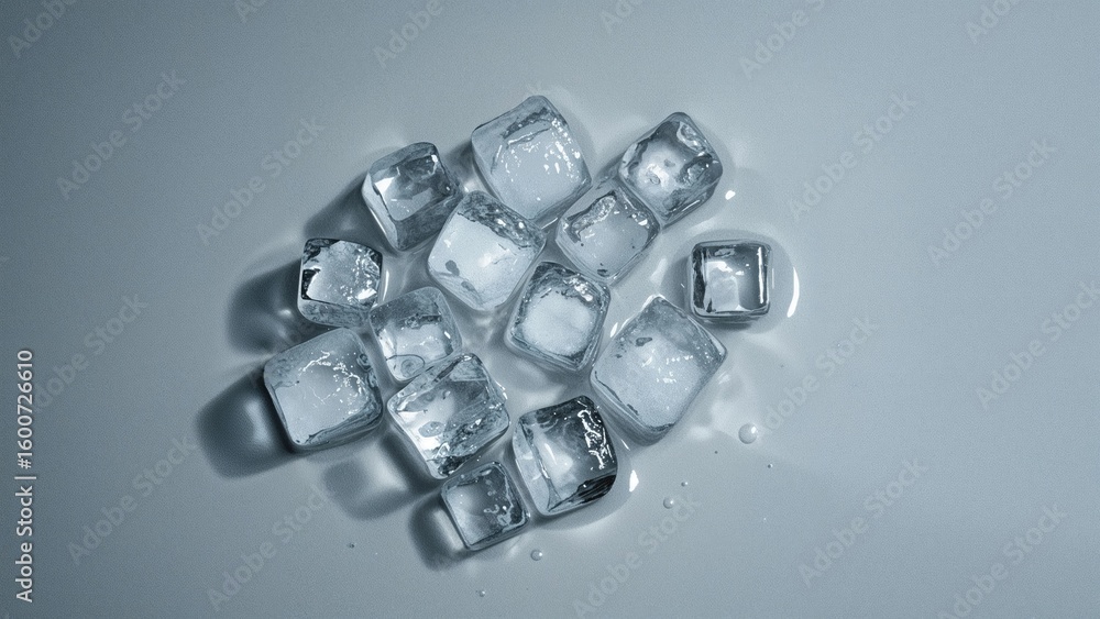 Thawing ice cubes resting on a slick blue-gray area Thawing ice cubes resting on a slick blue-gray area
