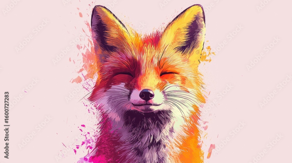 Obraz premium Happy Fox Portrait, Colorful Digital Art, Cute Animal, Background Paint Splatter, Stock Photo