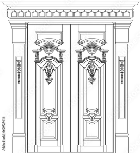 Vector sketch illustration of a silhouette of a teak wood door furniture design with traditional ethnic carving details