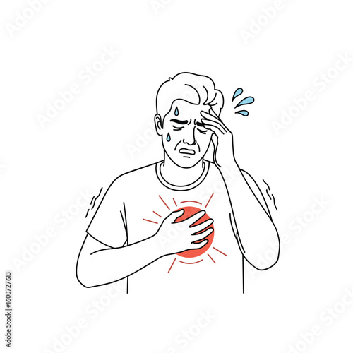 Man experiences chest pain and discomfort holding his heart with forehead sweat