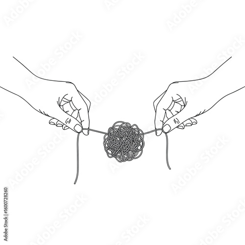 Hands untangling a knotted ball of thread in a delicate process of problem solving