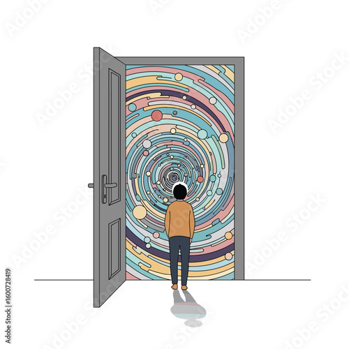 Person standing before an open doorway revealing a vibrant and complex abstract pattern