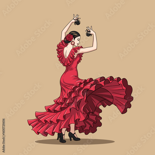 Elegant woman dancing flamenco in red dress with castanets  
