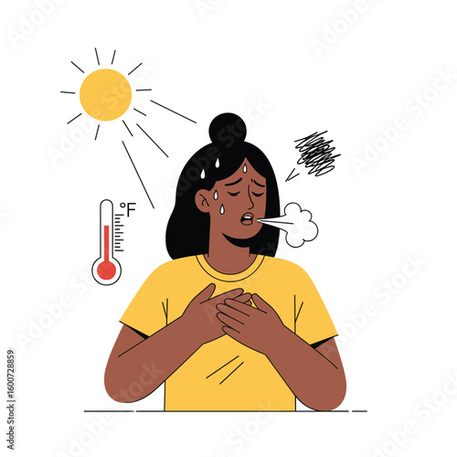 Woman feeling overheated and distressed due to extreme summer heat and high temperatures