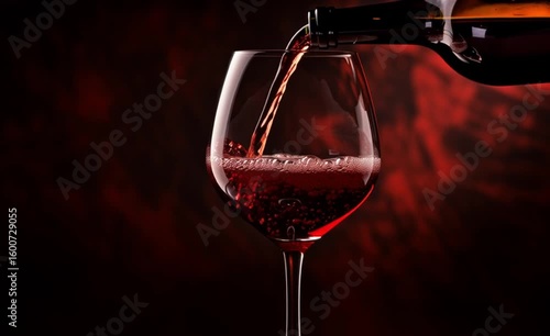 Red wine is poured from a bottle into a glass against a dark red background. The camera captures the liquid motion, bubbles, and light reflections.