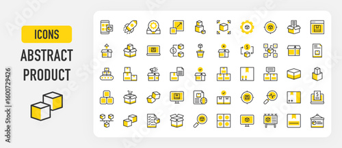 Abstract product icons. Price List, Launch, In Stock, Scalable, Feature, Product, Unit, Box, Target, Module, Application, Open Unit, Extendable, Package Box vector stroke illustration.	