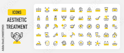 Aesthetic treatment icons. Skin Regeneration, Drops, Glowing Skin, Clean Skin, Glowing Skin, Hyaluronic Acid, Fillers, Surgery, Uv, Face Massage, Face vector stroke illustration.	
