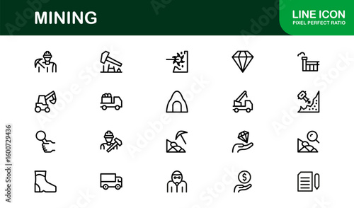 Mining Operations Modern Line Icon Pack – Professional Minimal Collection of Excavation Machinery Pickaxe Helmet Conveyor Ore Cart Symbols for Marketplaces