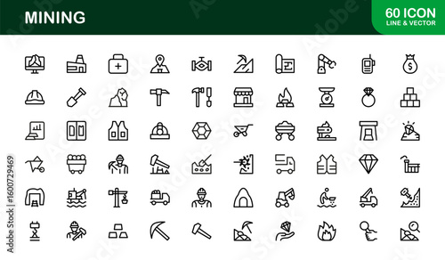 Mining Operations Modern Line Icon Pack – Professional Minimal Collection of Excavation Machinery Pickaxe Helmet Conveyor Ore Cart Symbols for Marketplaces