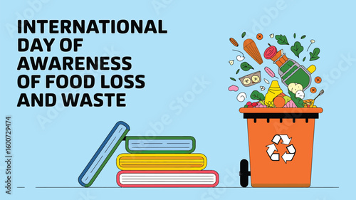International Day of Awareness of Food Loss and Waste Poster with Leftover Food, Trash Bin and Save Food Icons