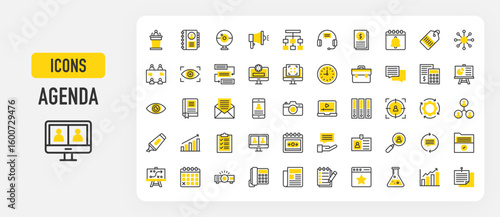 Agenda icons. Eye, Wall Clock, Calculator, Growth, Team, Networking, Advice, Quick Response Code, Process, Tag, Video Call, List, Customer Support, Workflow vector stroke illustration.	