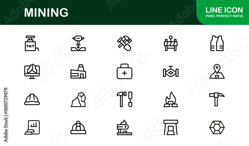 Mining Operations Modern Line Icon Pack – Professional Minimal Collection of Excavation Machinery Pickaxe Helmet Conveyor Ore Cart Symbols for Marketplaces