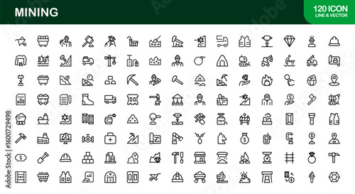 Mining Operations Modern Line Icon Pack – Professional Minimal Collection of Excavation Machinery Pickaxe Helmet Conveyor Ore Cart Symbols for Marketplaces
