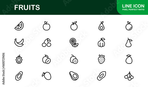 Fruits Line Icon Collection – Professional, simple, and unique vector pack showcasing healthy fruit concepts with clean and stylish design elements