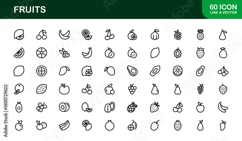Fruits Line Icon Collection – Professional, simple, and unique vector pack showcasing healthy fruit concepts with clean and stylish design elements