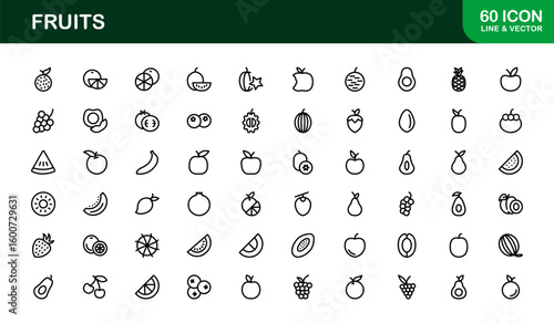 Fruits Line Icon Collection – Professional, simple, and unique vector pack showcasing healthy fruit concepts with clean and stylish design elements