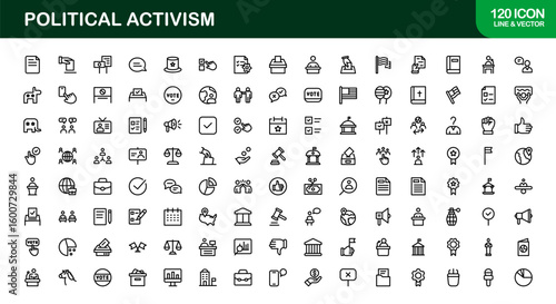 Political Activism Line Icon Collection – Unique, professional, and outline-style graphics representing activism, revolution, equality, and public demonstration elements