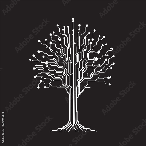 Tech tree with circuit branches vector design concept black and white illustration.