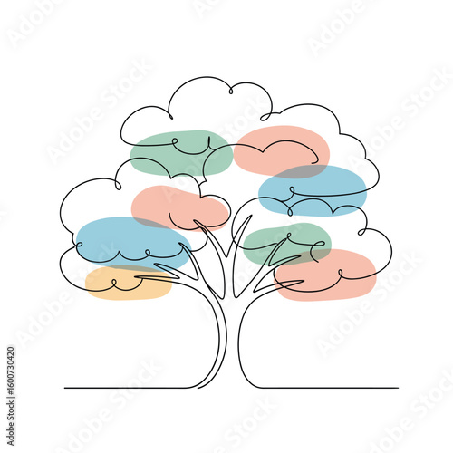 Illustrative abstract tree design with organic shapes and natural colors representing growth and diversity