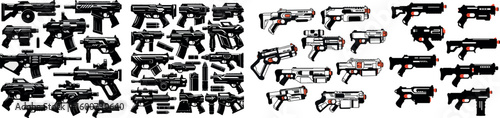 Collection of futuristic sci fi blasters and ray guns arranged in a circular pattern on a white background