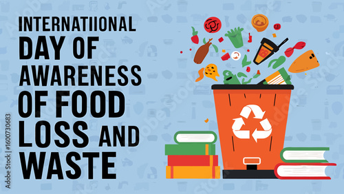 International Day of Awareness of Food Loss and Waste Poster with Leftover Food, Trash Bin and Save Food Icons
