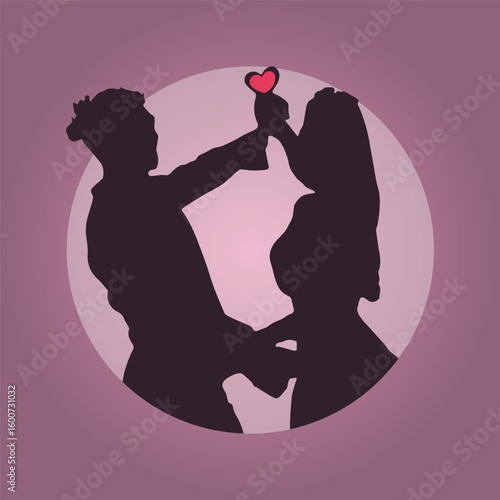 Loving silhouettes of people, including couples and families with children, dancing with happiness