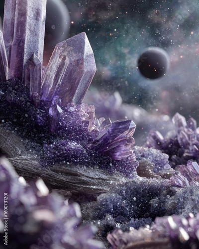 Purple Crystal Cluster In Cosmic Space